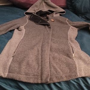 Prana grey, wool, zip up sweater with hood, size m
